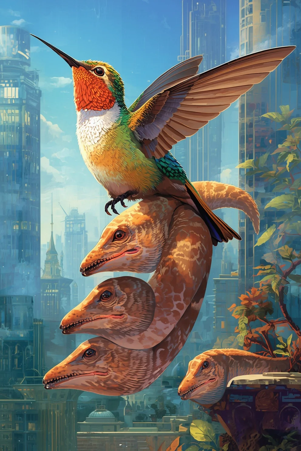 A hummingbird-eel creature from the Advant serial with vibrant feathers in a warm scene