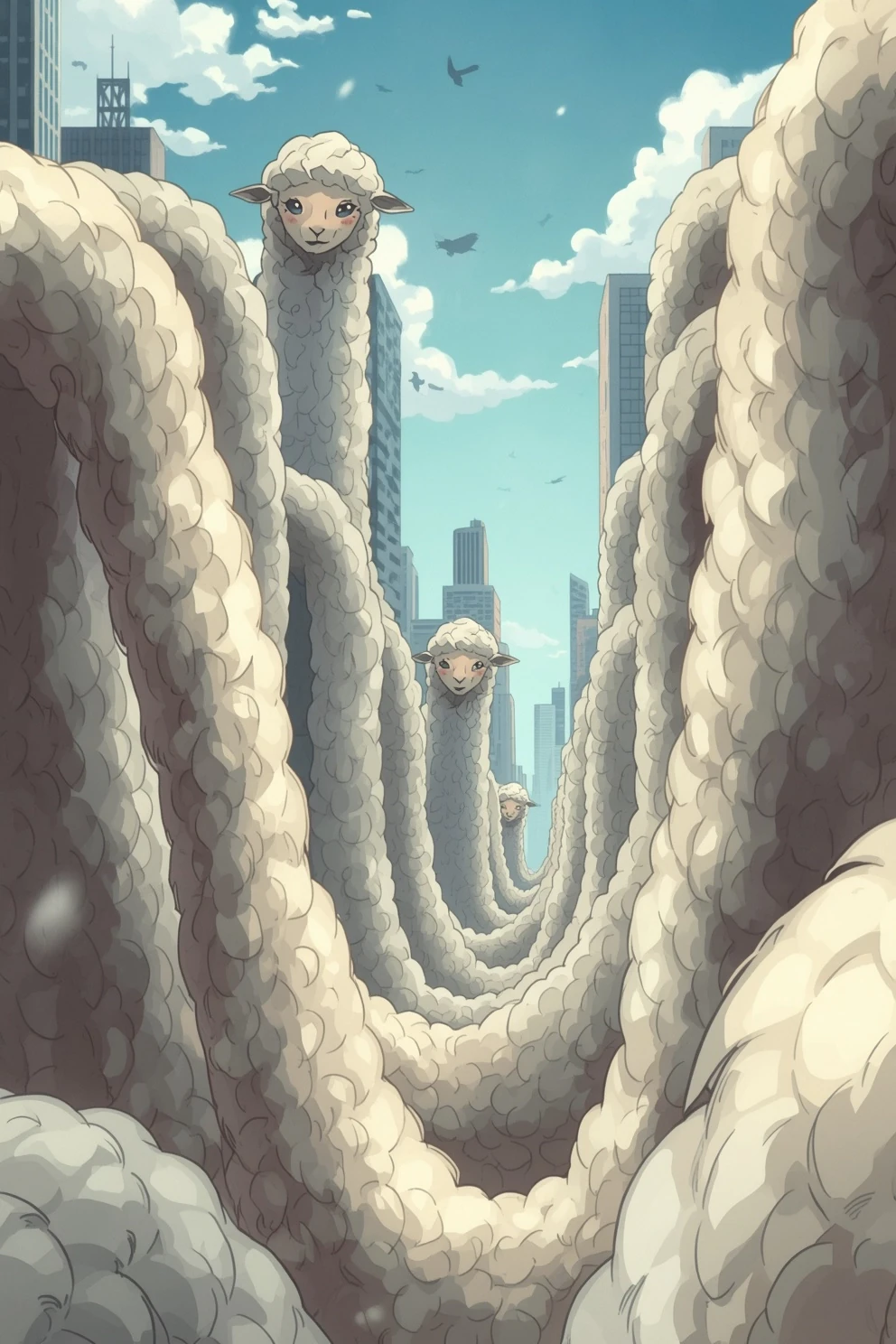 Sheep-worm creatures from the Advant serial winding through a wool-covered landscape between buildings