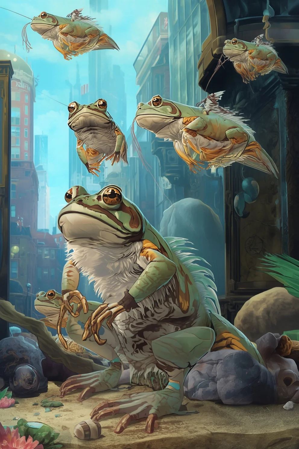A frog-shrimp creature from the Advant serial with steampunk goggles in a warm glow