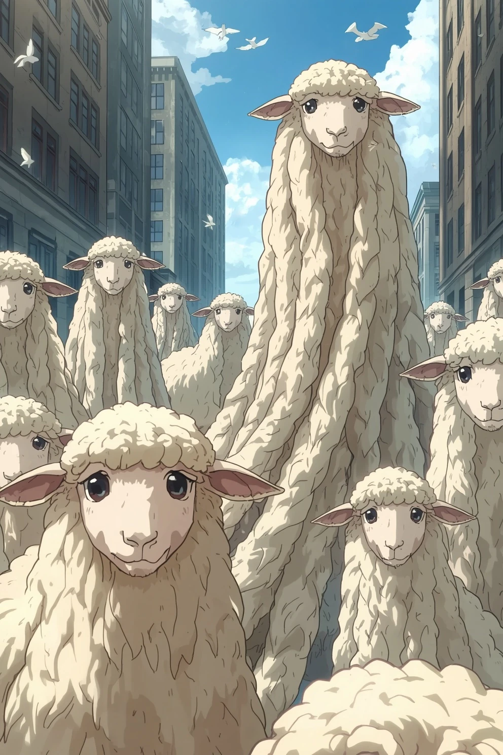 A gentle group of sheep-worm creatures from the Advant serial gathered together in a city street