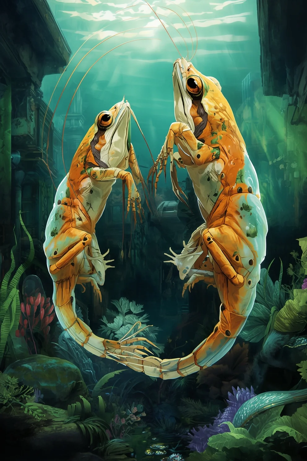 A frog-shrimp creature from the Advant serial in a warm steampunk glow