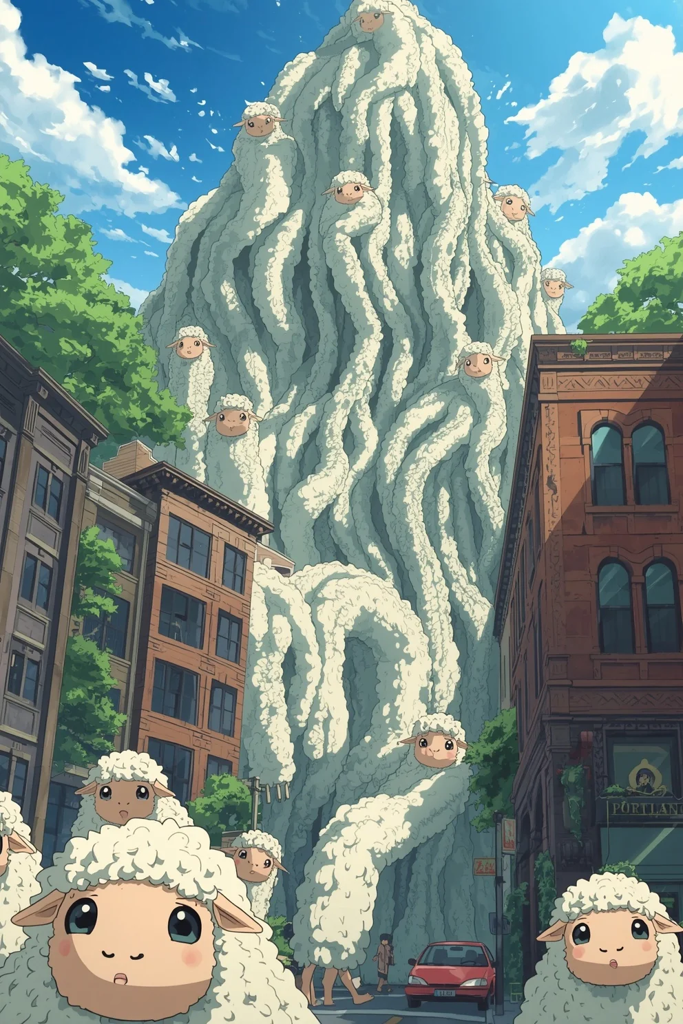 An adorable giant sheep-worm creature from the Advant serial towering over a neighbourhood with tiny sheep at its feet