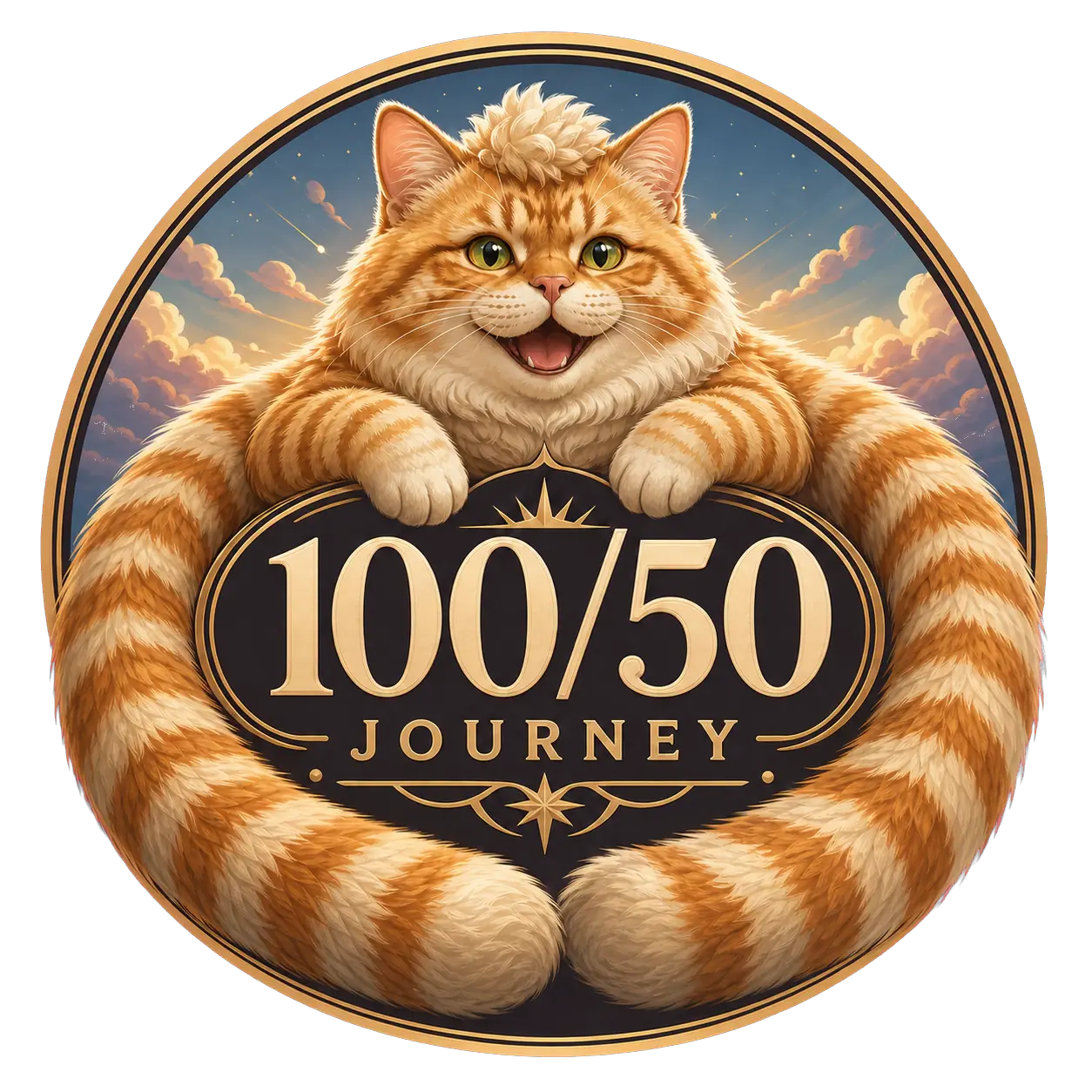 Sausage-Cat 100/50 logo, gold, transparent background