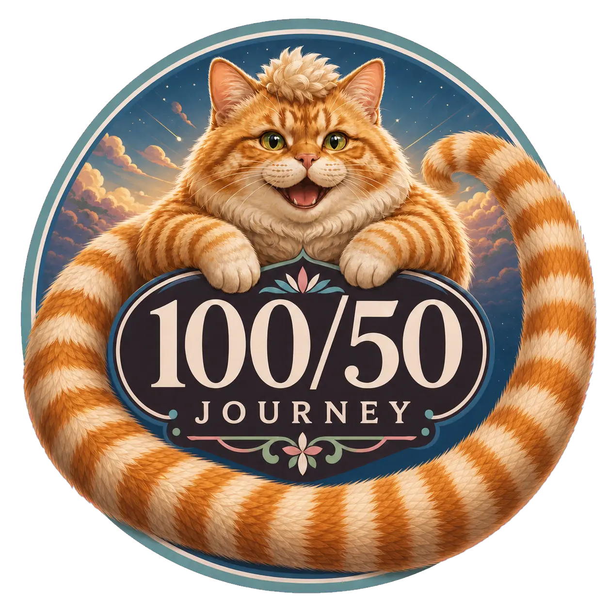 Sausage-Cat 100/50 logo, full tail, transparent background