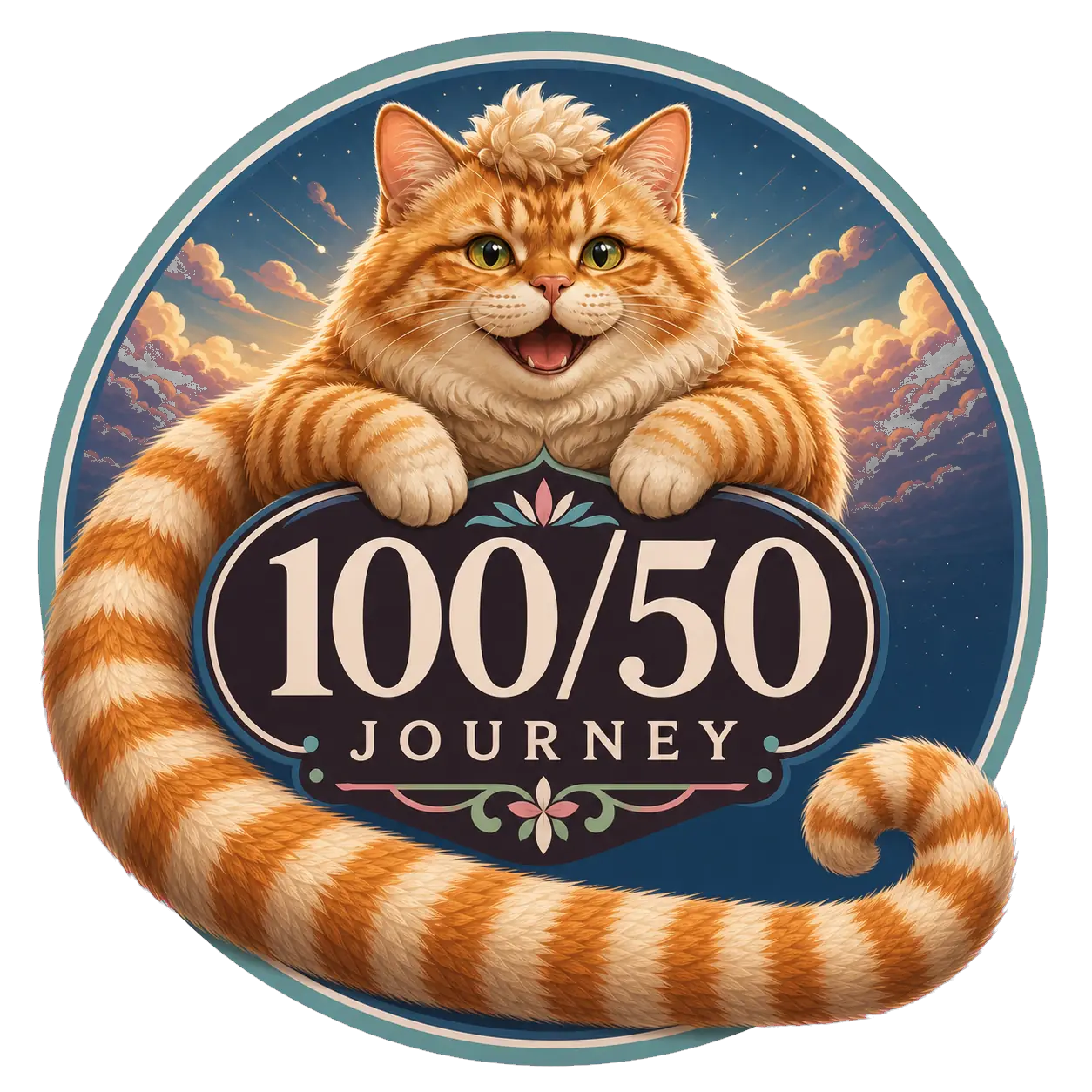 Sausage-Cat 100/50 logo, no gold, transparent background
