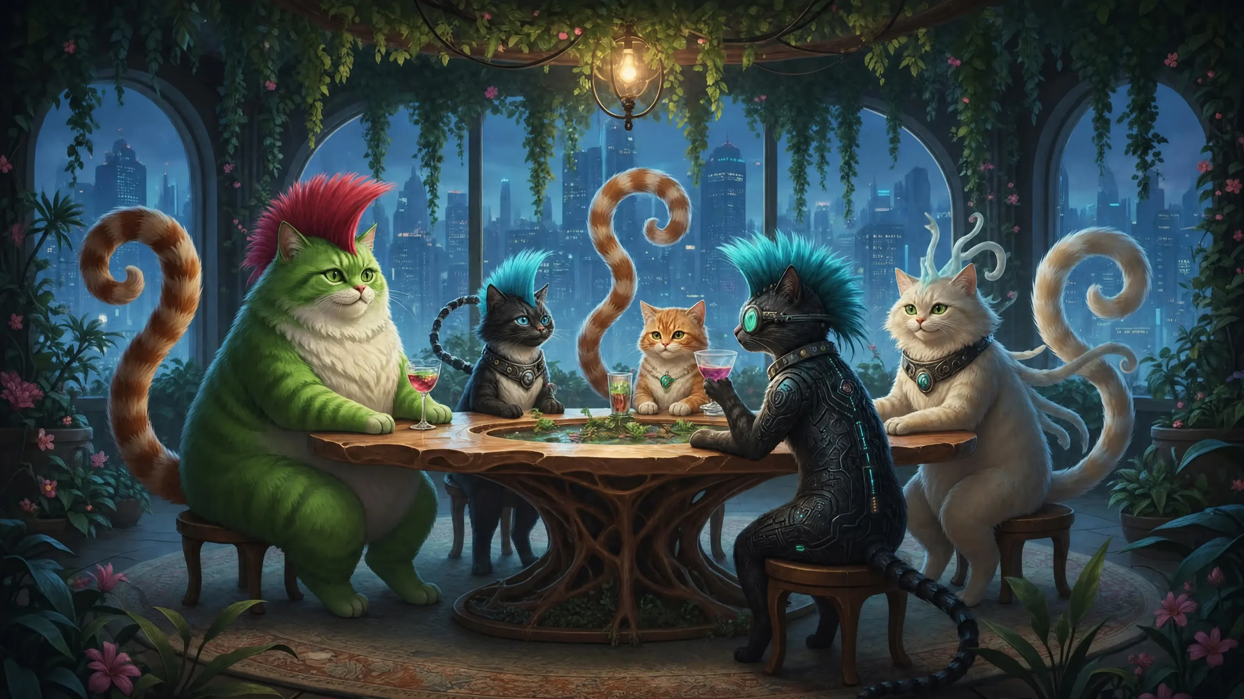Five different Sausage-Cats gathered around a table in a leafy city lookout, with curled tails, colourful mohawks and drinks between them.